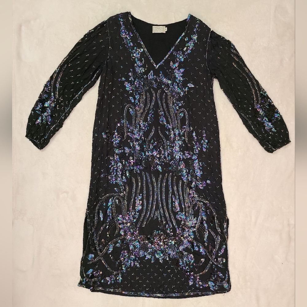 🌿100% silk Heavily Sequined Beaded Silk Dress size Medium